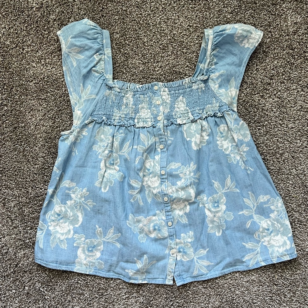 Old Navy Light Blue Smocked Denim Top